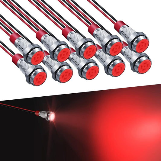 LED Indicator Light 6MM 1/4" Lamp 12-24V LED Light, Red-10PCS