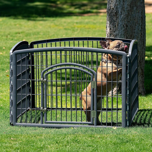 Pet Playpen Fence Enclosure Plastic 4-Panel W/Gate Door, Gray