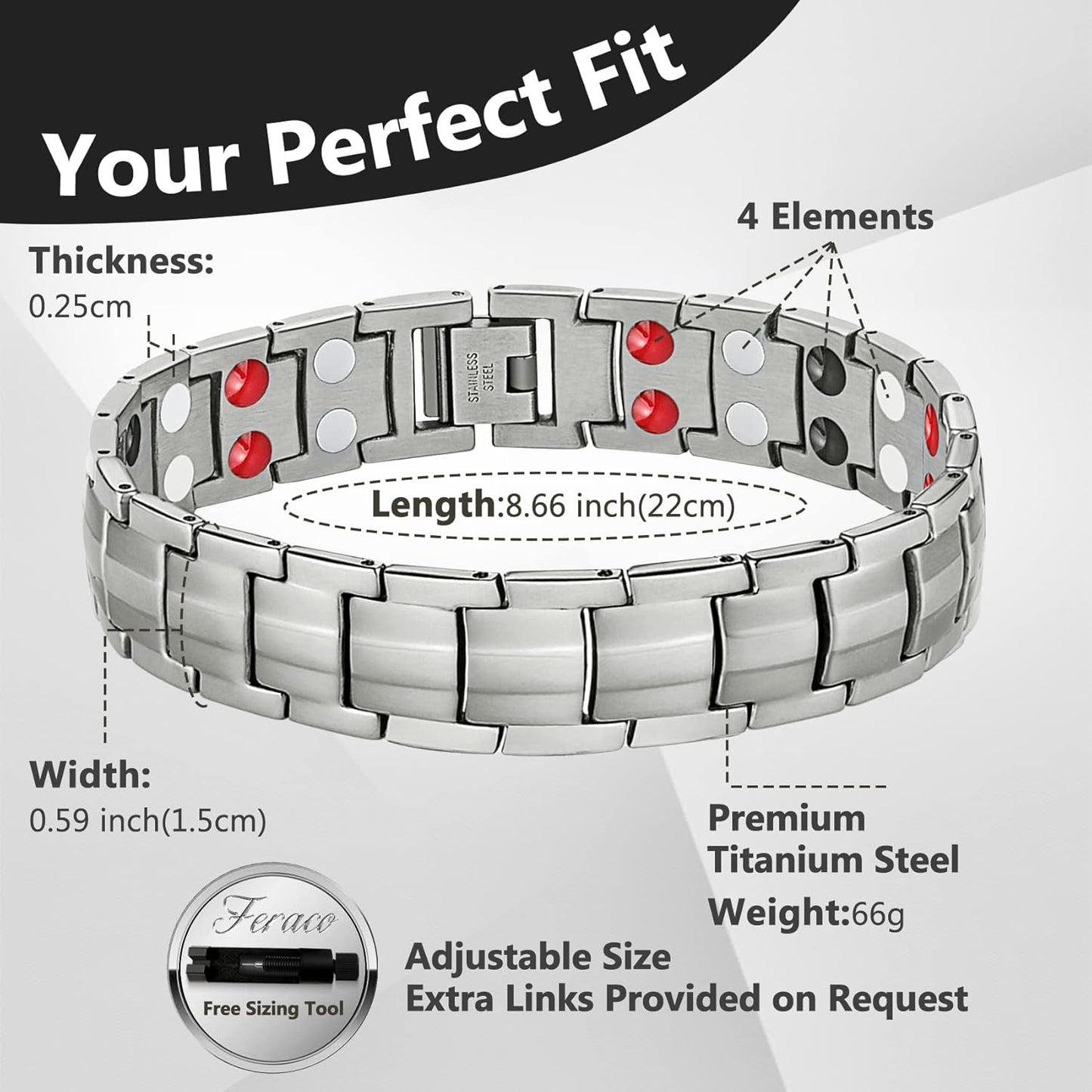 Mens Bracelet Magnetic Titanium Steel 4 Elements Magnets, Silver