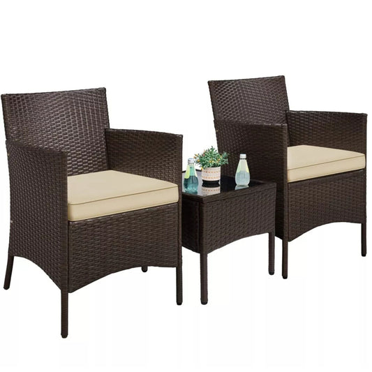 Patio Bistro Set Wicker 2 Chair Side Table Set w/Cushions, Brown