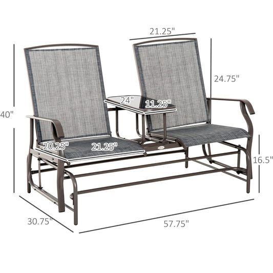 Patio Bench W/Center Table Metal Frame Mesh Fabric Armrests Bench