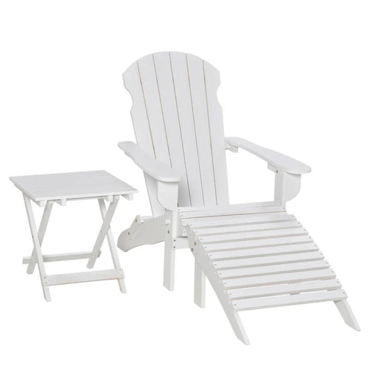 Folding Adirondack Chair W/Ottoman & Side Table 3-Pcs Set- White