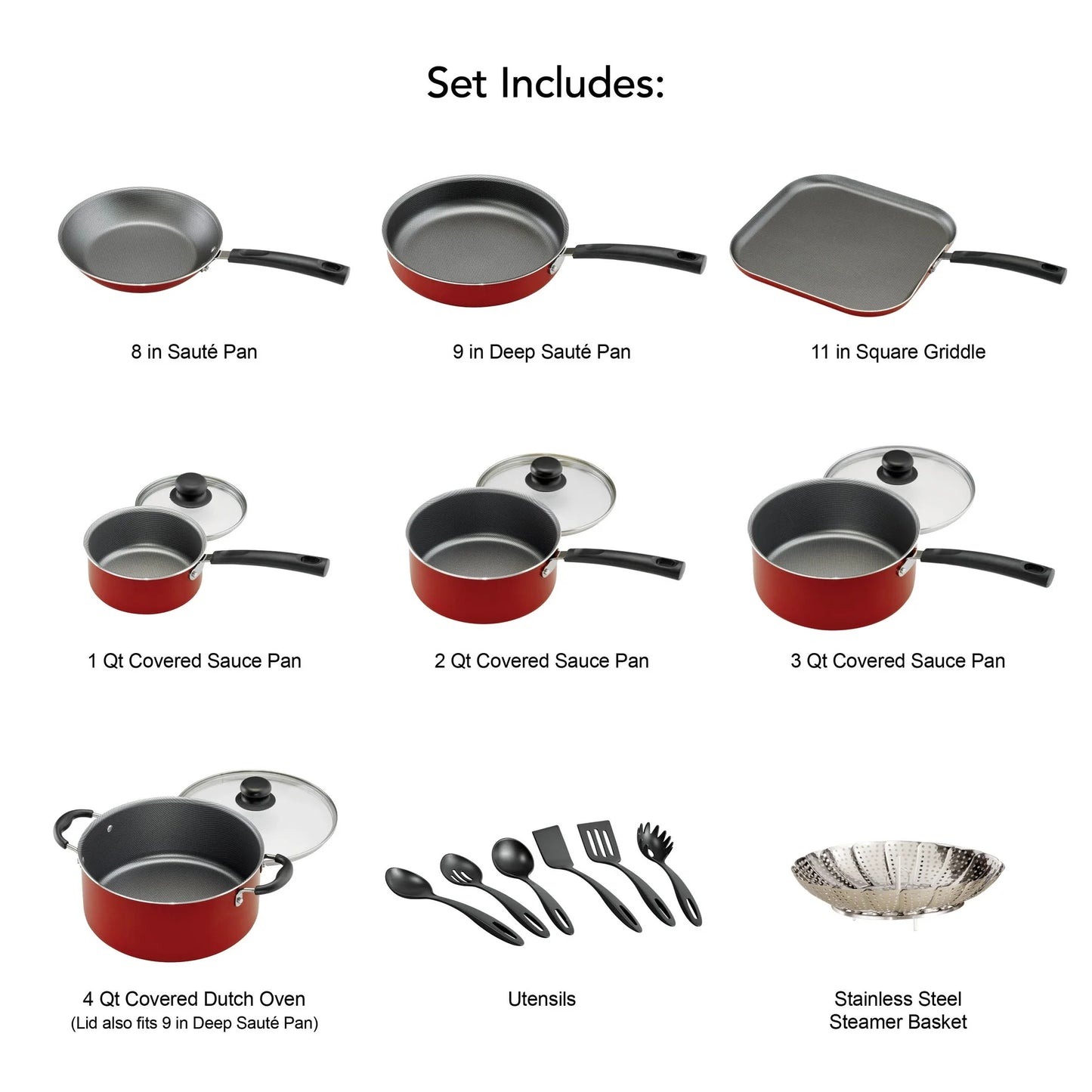 Non-stick Cookware Set Saucepan Utensil Set , 18 Pieces - Red