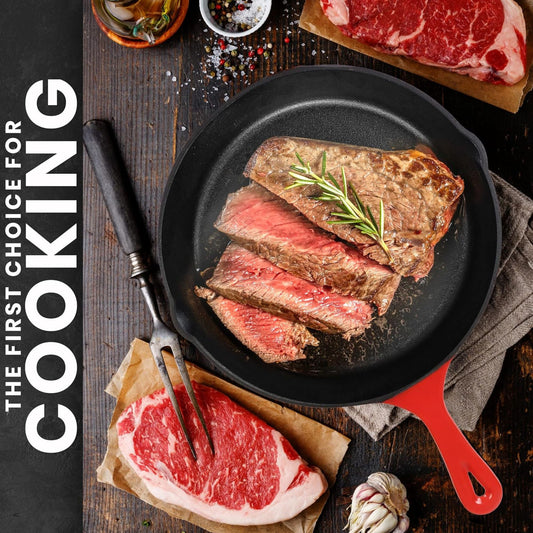 Frying Pan Pre-Seasoned Cast Iron Skillet Set (6", 8"& 10"), Red