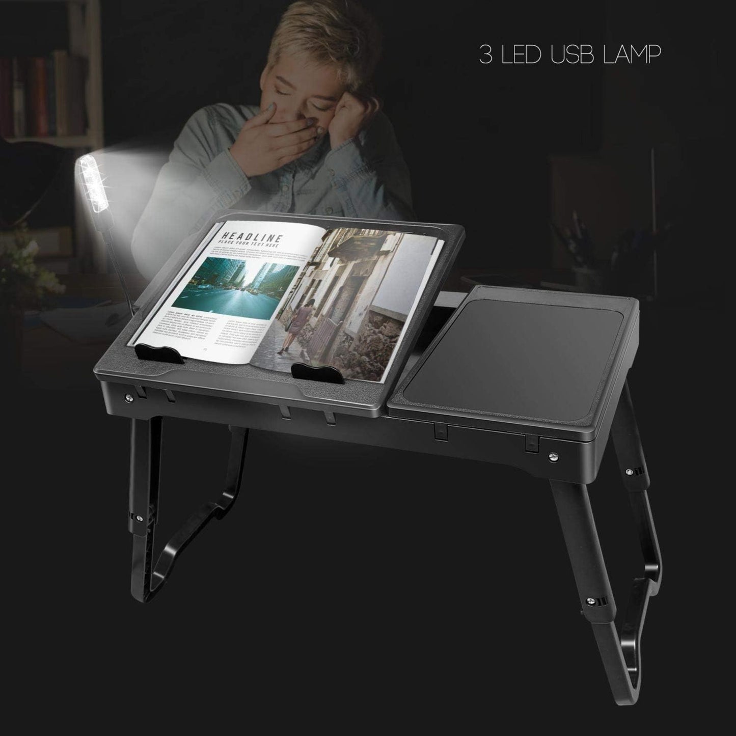 Laptop Desk Foldable W/Cooling Fan USB Hub LED Light Stand Table