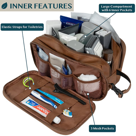 Leather Travel Bag Water-Resistant Clip-on Buckles Toiletry Bag