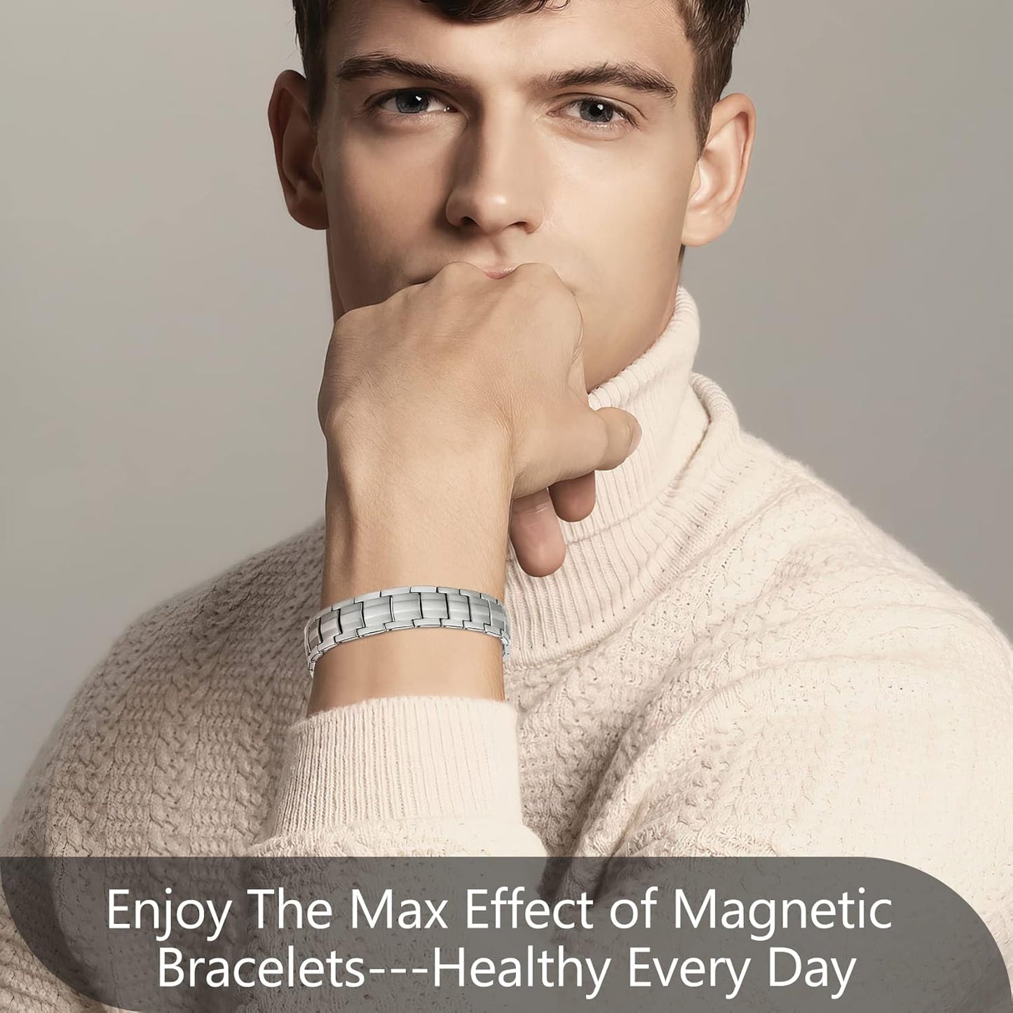 Mens Bracelet Magnetic Titanium Steel 4 Elements Magnets, Silver
