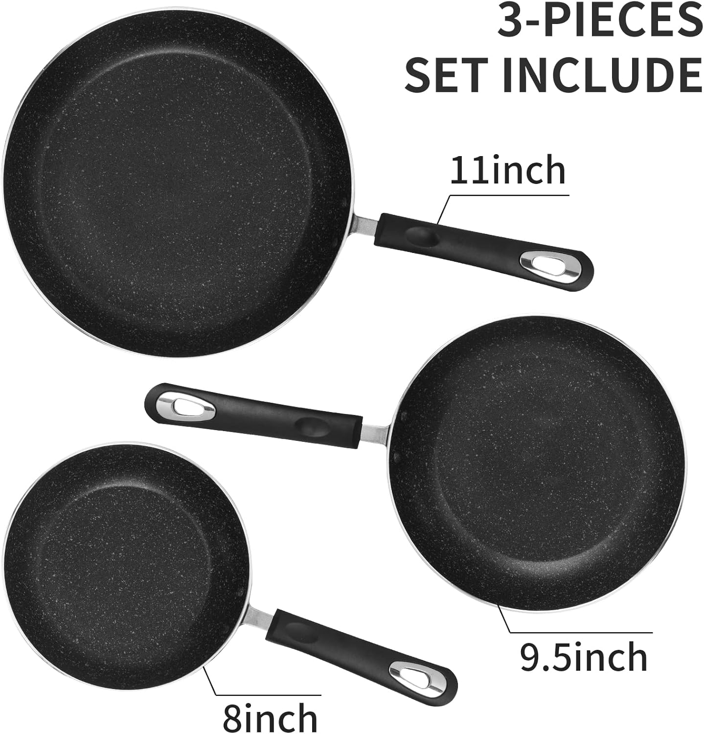 Nonstick Frying Pan Set-3-Pieces Aluminum Skillet,8", 9.5" & 11"