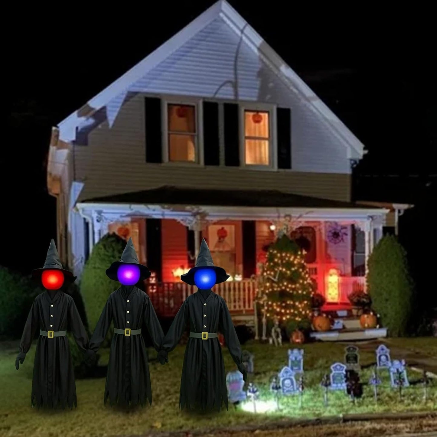 Glowing Face Witches Scary Halloween 3 Light Up 5FT Witches Set