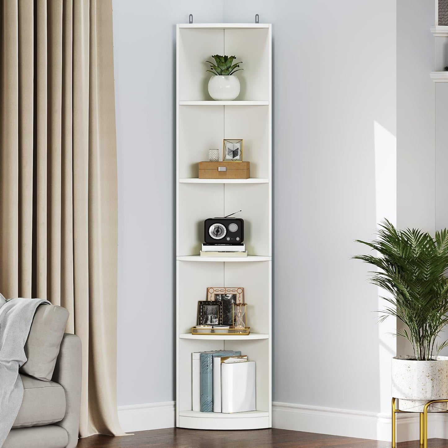 Modern Bookshelf 5-Tier Corner Shelf Open Storage Rack, White