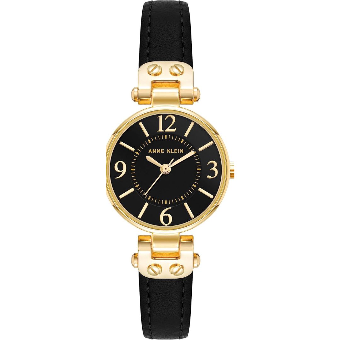 Women Watch Round Case Analog Dial Leather Strap, Gold/Black