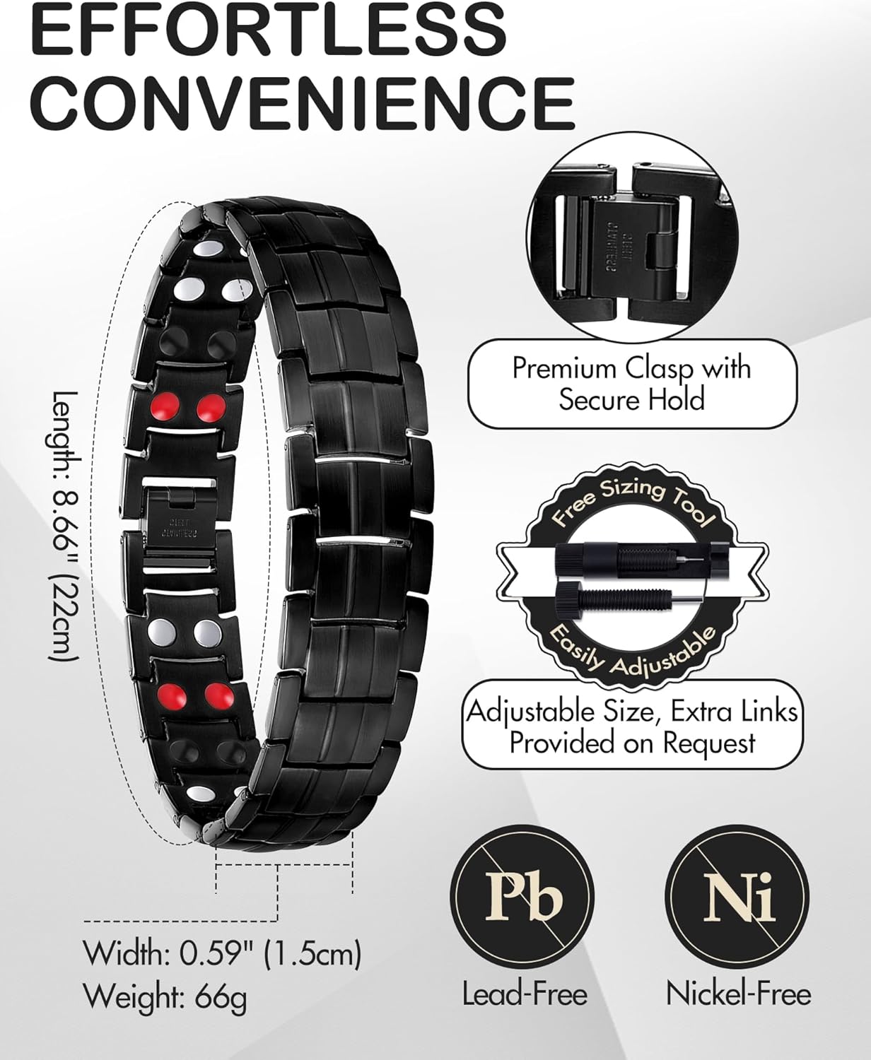 Mens Bracelet Magnetic Titanium Steel 4 Elements Magnets, Black