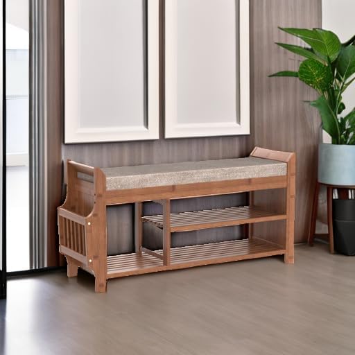 Entryway Bamboo 2 Tier Shoe Rack Bench W/Hidden Drawer Organizer