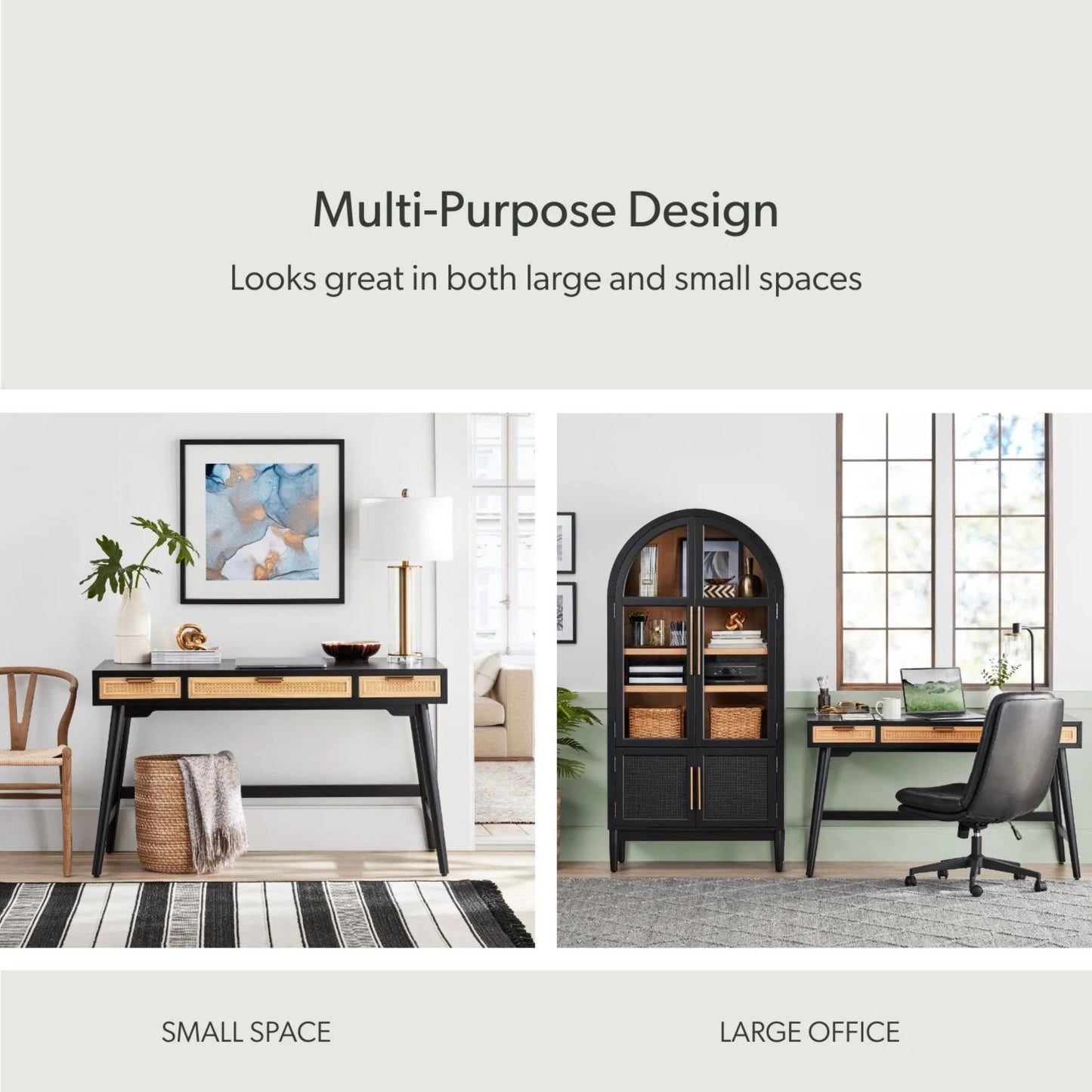 Enzo Writing Desk 3 Rattan Storage Drawers 54"W Desk, Black