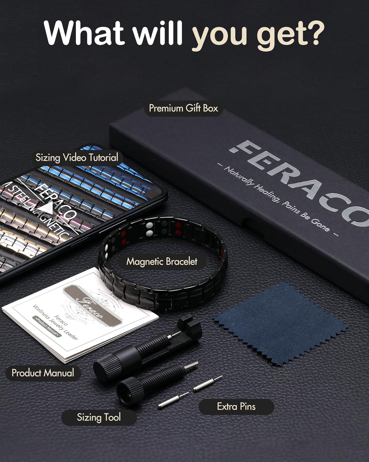 Mens Bracelet Magnetic Titanium Steel 4 Elements Magnets, Black