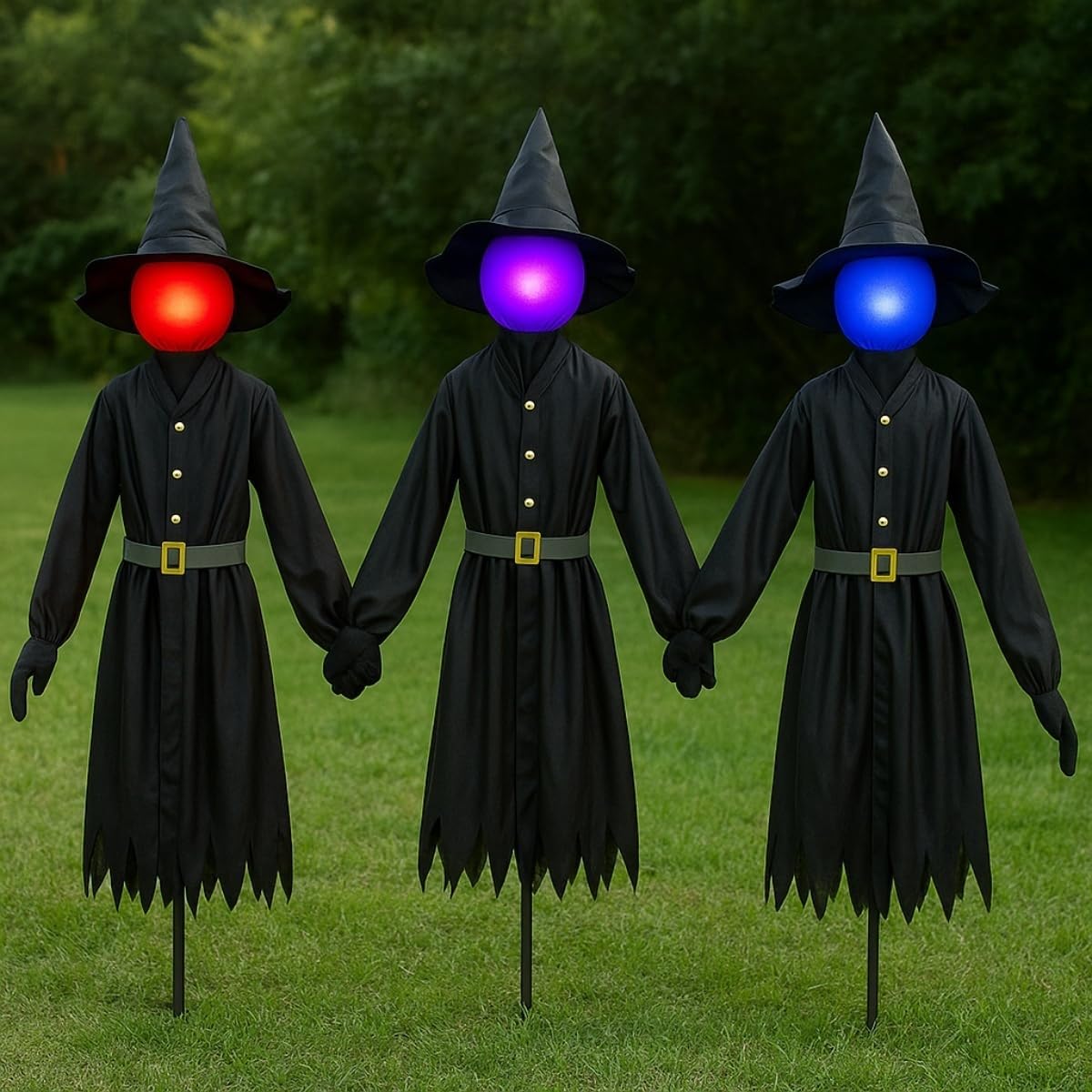 Glowing Face Witches Scary Halloween 3 Light Up 5FT Witches Set