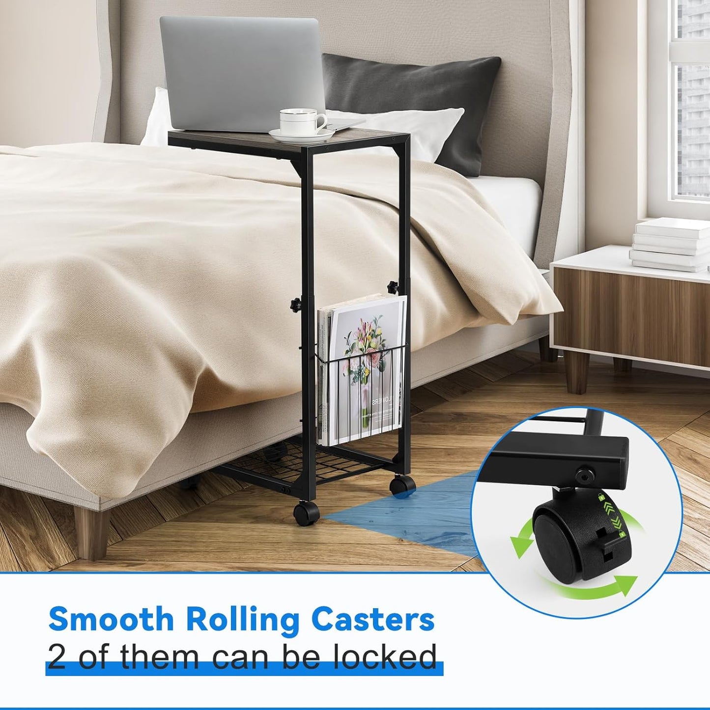 Side Table C-Shaped Rolling TV Tray Sofa Overbed Laptop Bed Desk