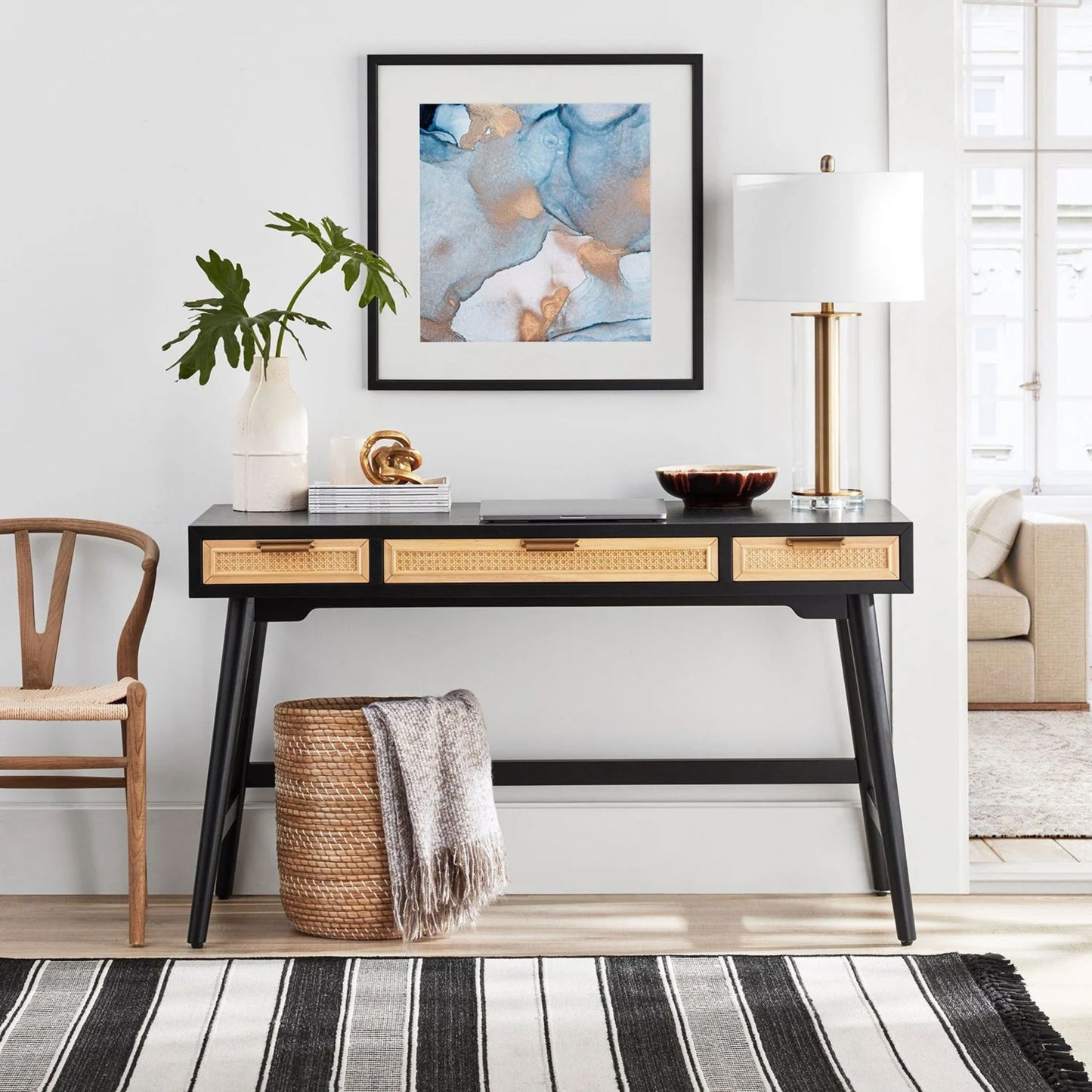 Enzo Writing Desk 3 Rattan Storage Drawers 54"W Desk, Black
