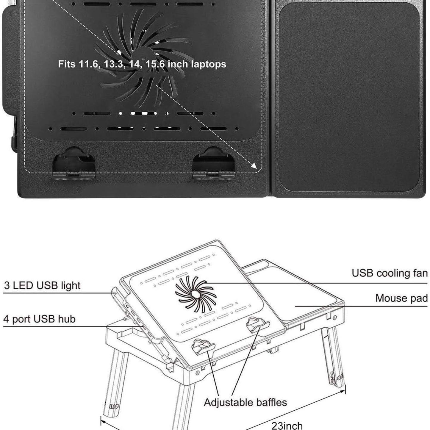 Laptop Desk Foldable W/Cooling Fan USB Hub LED Light Stand Table