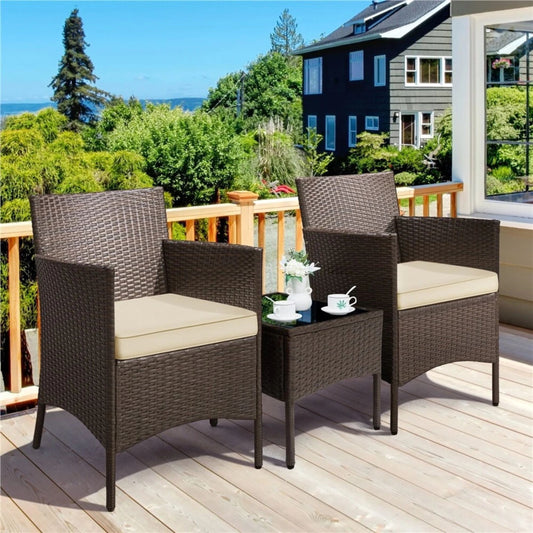 Patio Bistro Set Wicker 2 Chair Side Table Set w/Cushions, Brown