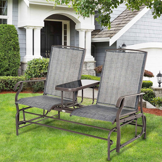 Patio Bench W/Center Table Metal Frame Mesh Fabric Armrests Bench