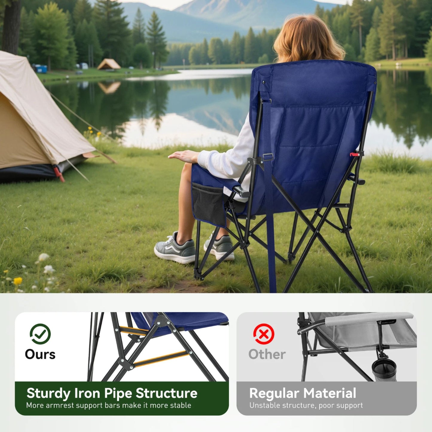 Camping Chair High Back Portable W/Cup Holder Carry Bag Chair
