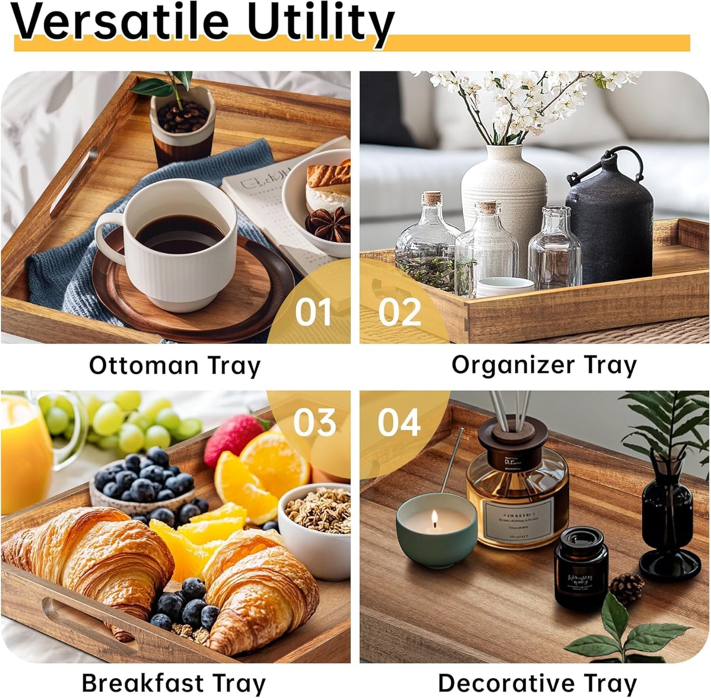 Wood Serving Tray W/Handles 17" Bed Couch Wooden Serving Tray