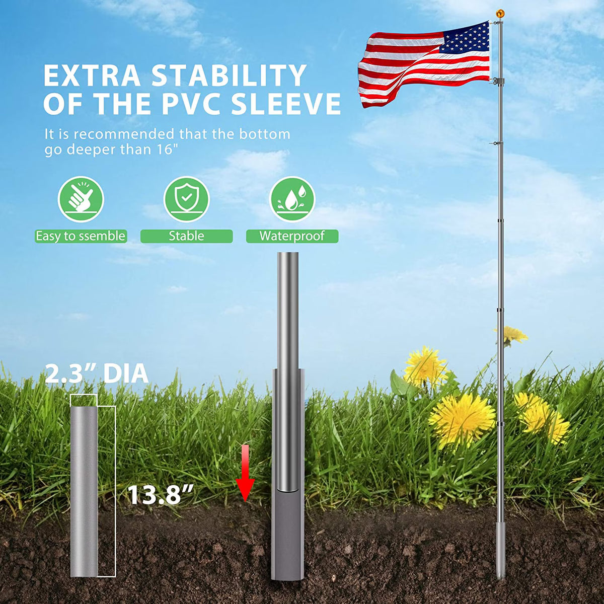 Telescoping Flag Pole 20Ft Polyester American Flag & Golden Ball