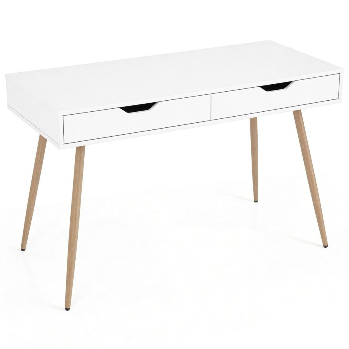 Modern White Writing Desk 2 Drawers Wood Legs 42.5" Home Office
