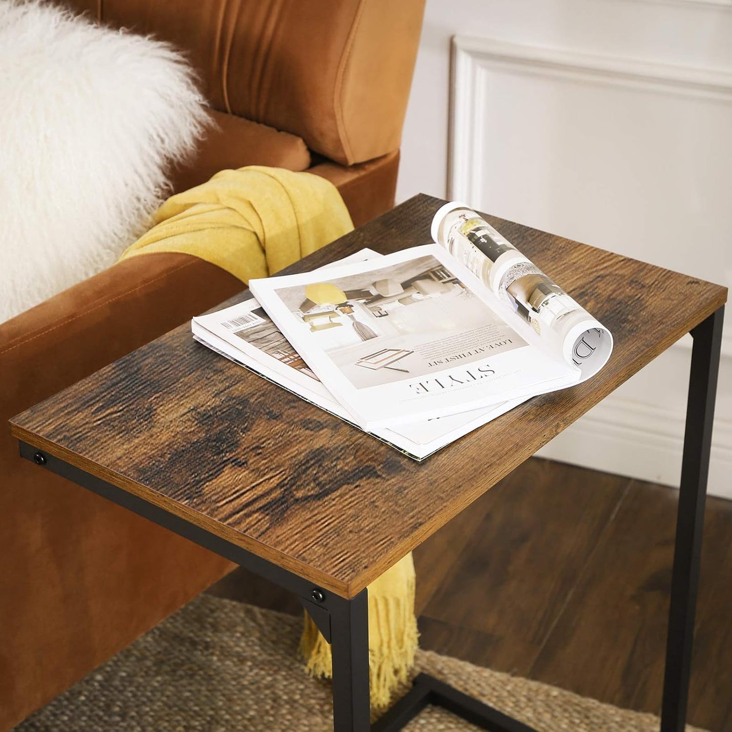 Bed Table C Shaped Couch Desk Tray Stand Sofa Side Table, Brown