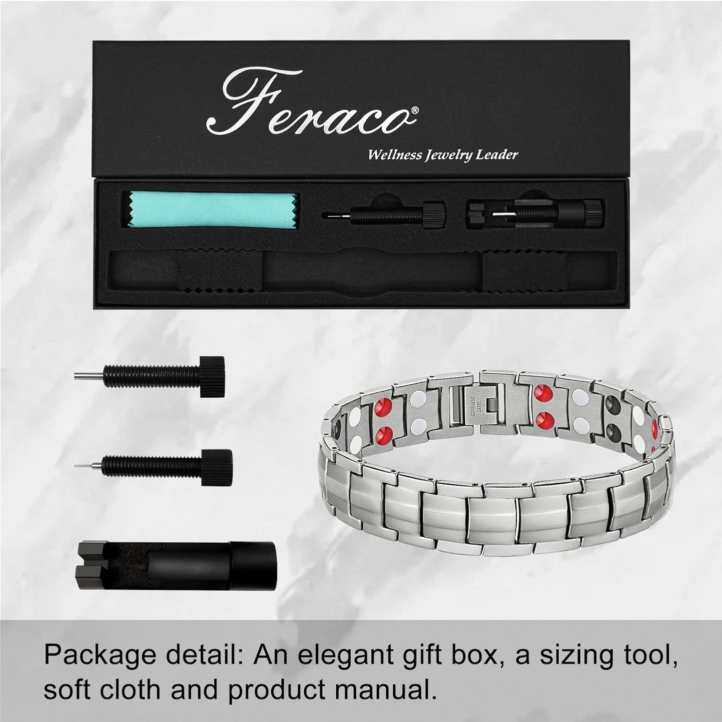Mens Bracelet Magnetic Titanium Steel 4 Elements Magnets, Silver