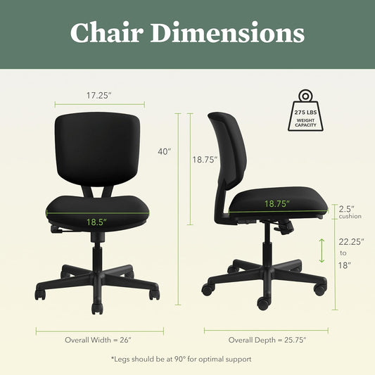 HON Armless Desk Chair Ergonomic Adjustable Rolling Chair-Black