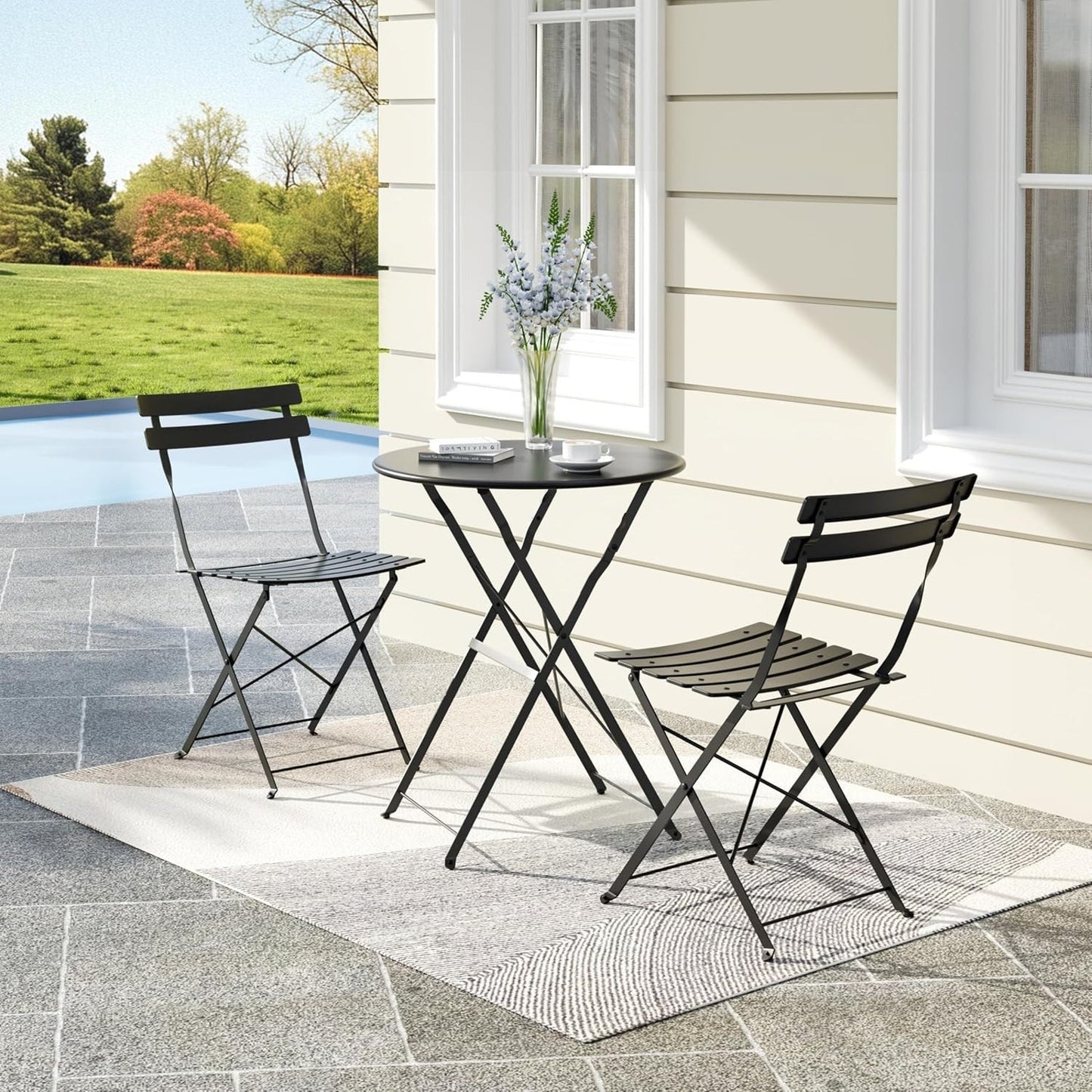 Outdoor Furniture Set 3-Pcs Folding Balcony Steel Frame Set-Black