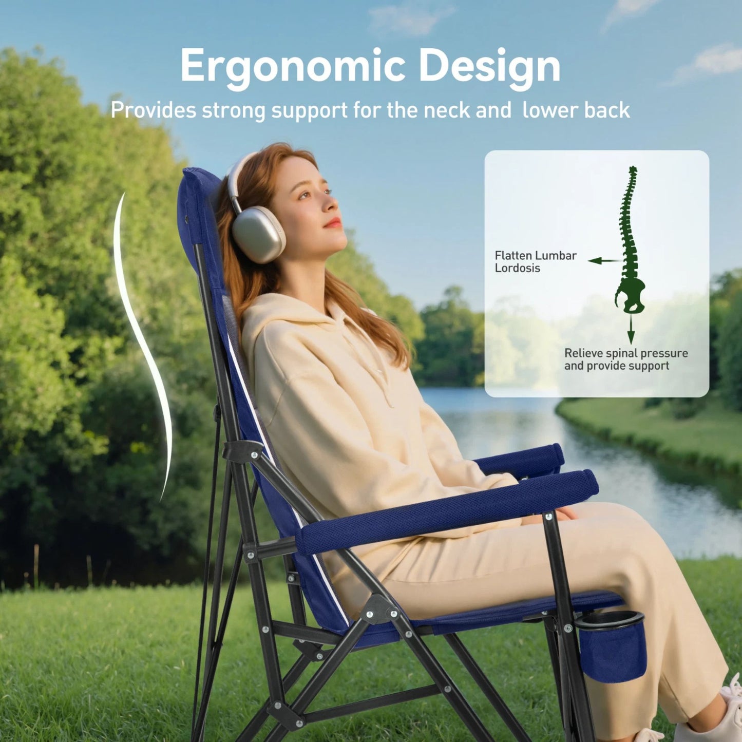 Camping Chair High Back Portable W/Cup Holder Carry Bag Chair