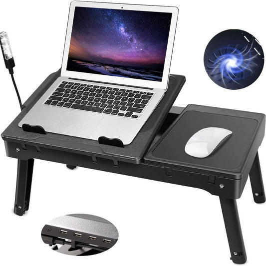 Laptop Desk Foldable W/Cooling Fan USB Hub LED Light Stand Table