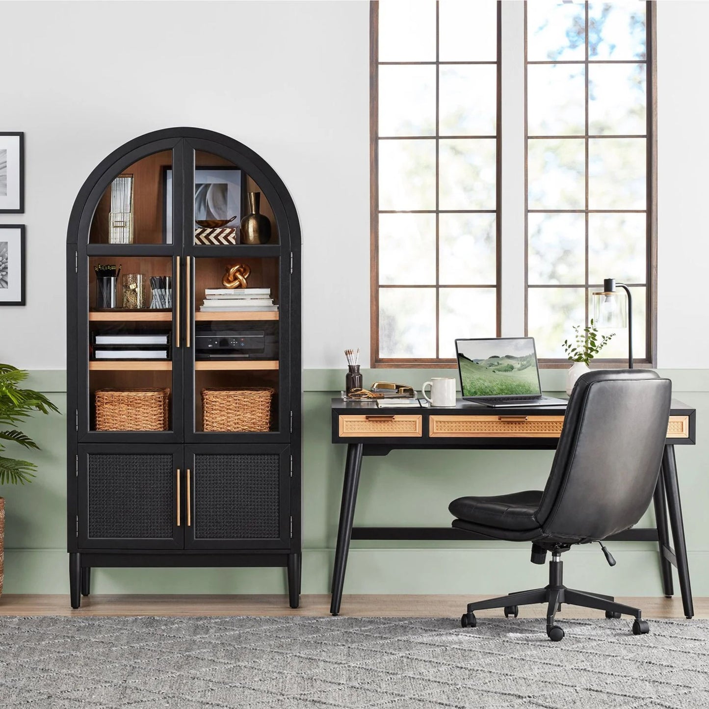 Enzo Writing Desk 3 Rattan Storage Drawers 54"W Desk, Black