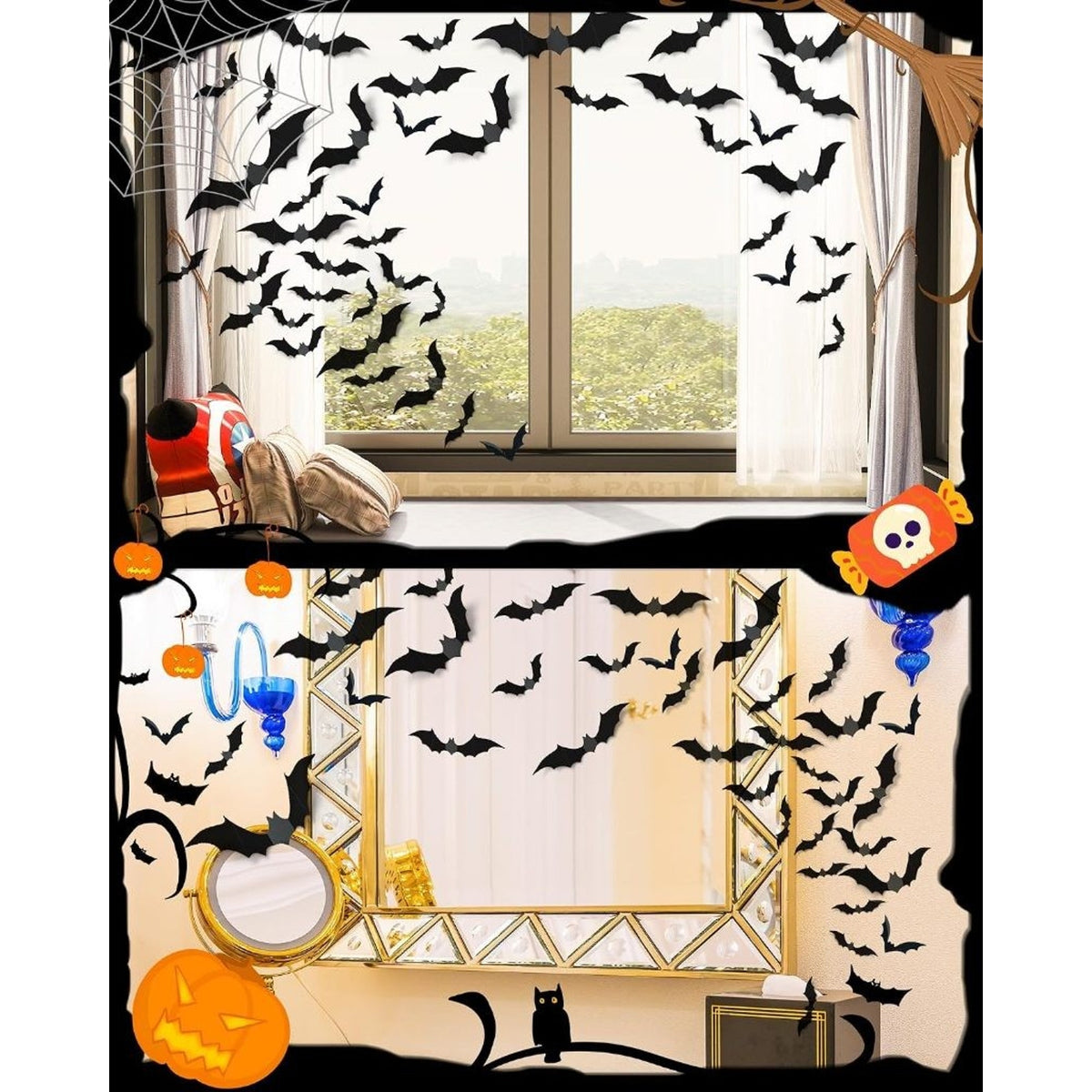 Halloween Bats Wall Decor 4 Size Black 3D Bat Decoration-120 Pcs