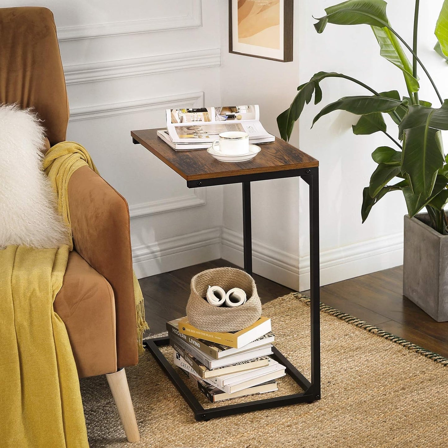 Bed Table C Shaped Couch Desk Tray Stand Sofa Side Table, Brown