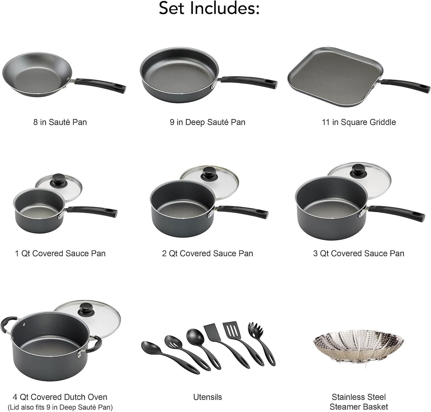 Non-stick Cookware Set Saucepan Utensil Set , 18 Pieces - Gray