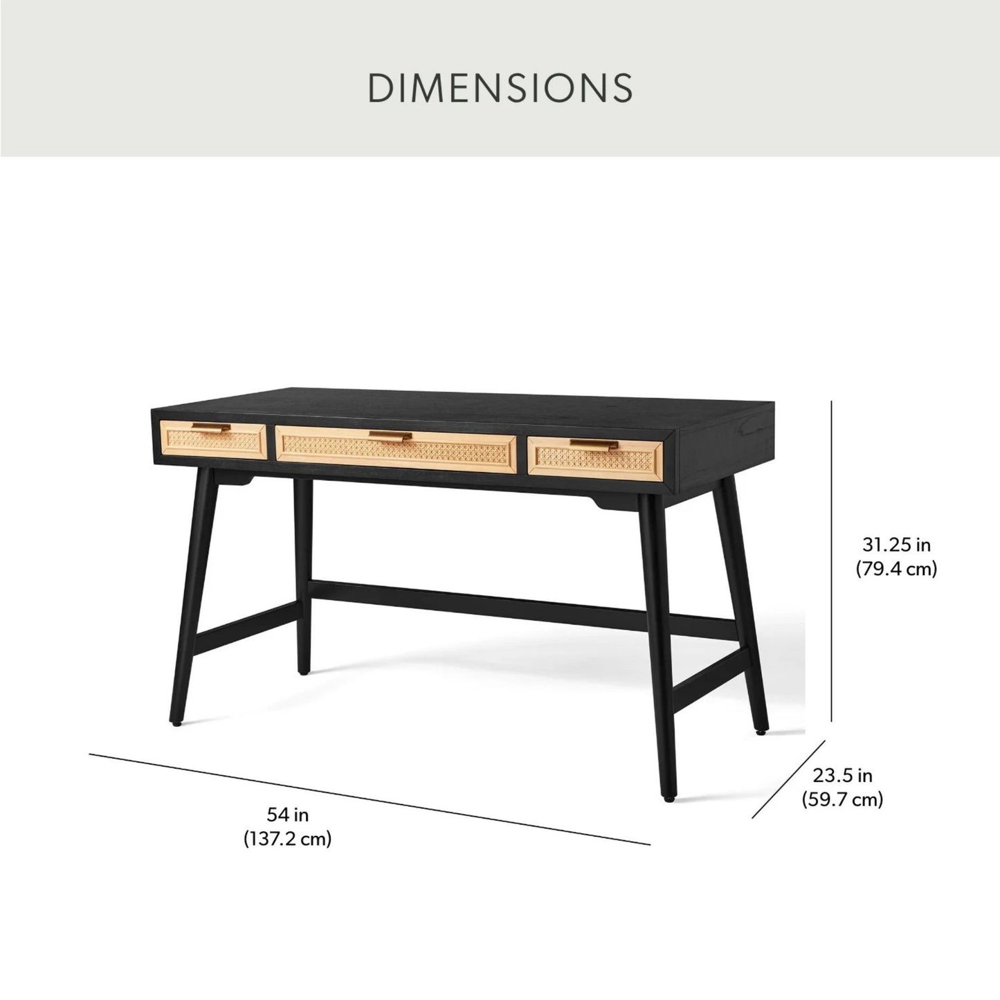 Enzo Writing Desk 3 Rattan Storage Drawers 54"W Desk, Black