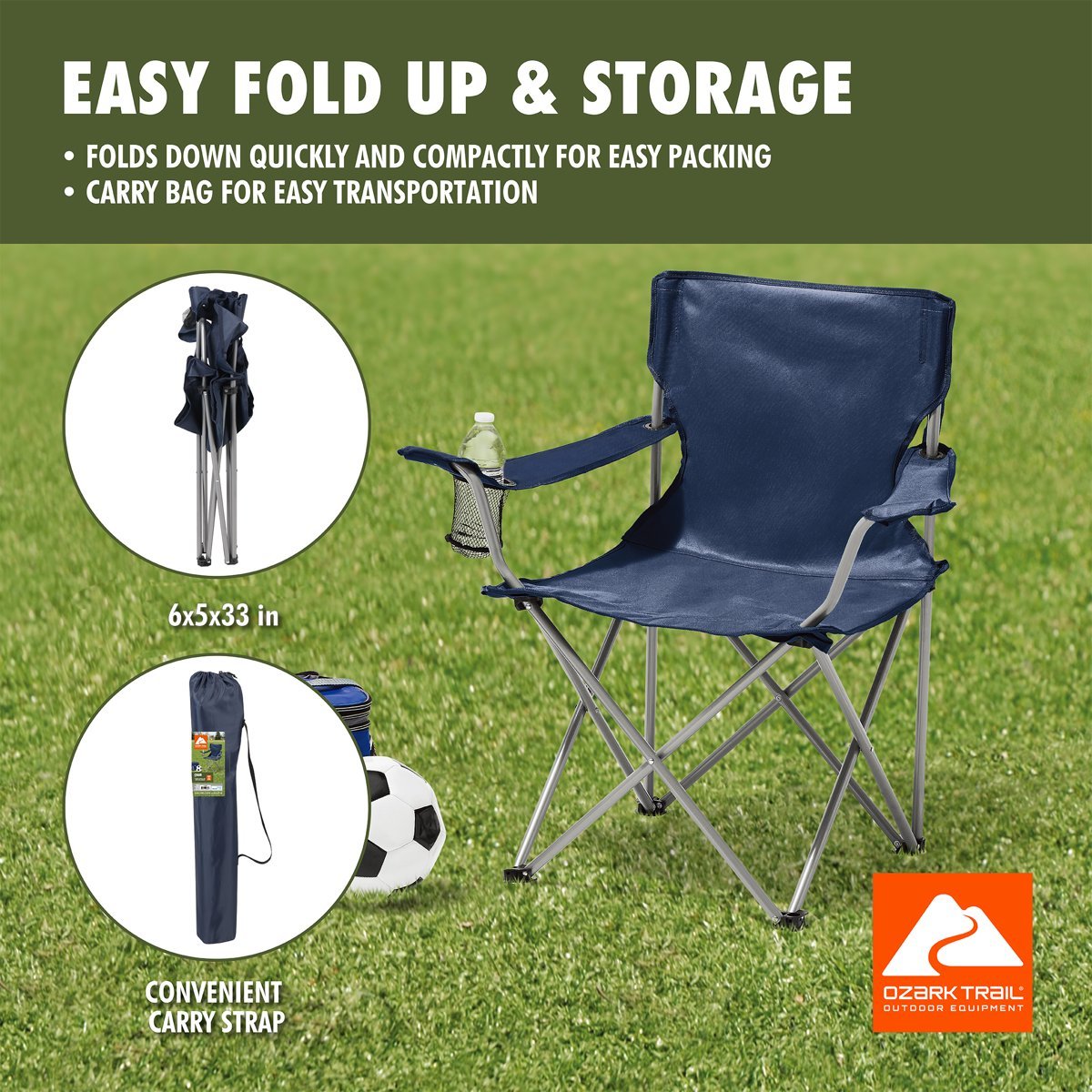 Folding Chair Fishing Beach Outdoor Camping Chair W/ Cup Holder, Blue