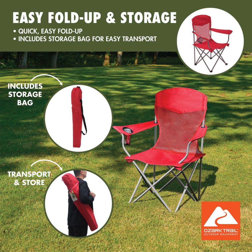 Folding Chair Beach Outdoor Camping Chair W/ Cup Holder, Red