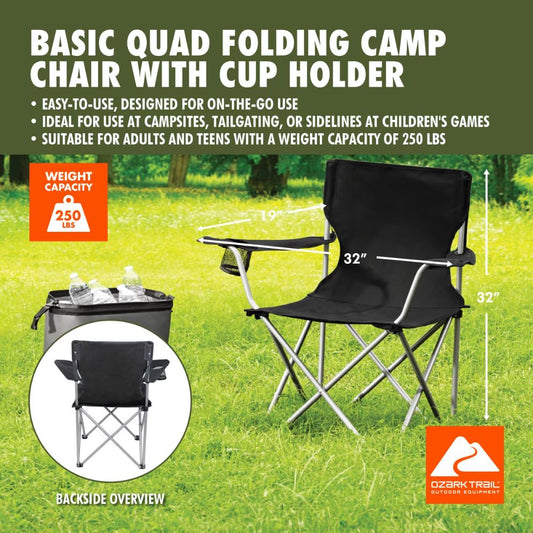 Folding Chair Beach Outdoor Camping Chair W/ Cup Holder, Black