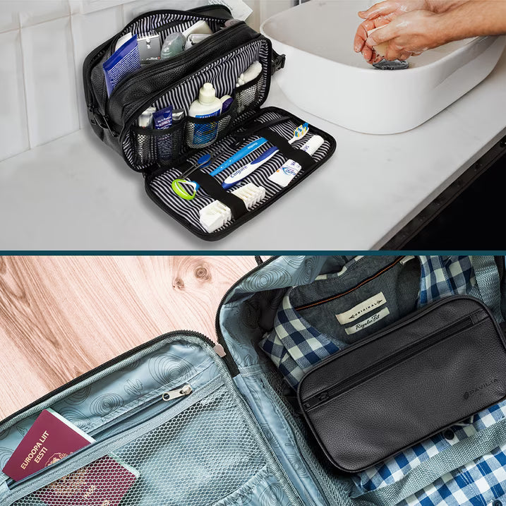 Leather Travel Bag Water-Resistant Clip-on Buckles Toiletry Bag