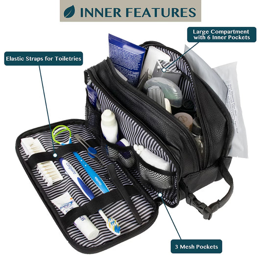 Leather Travel Bag Water-Resistant Clip-on Buckles Toiletry Bag