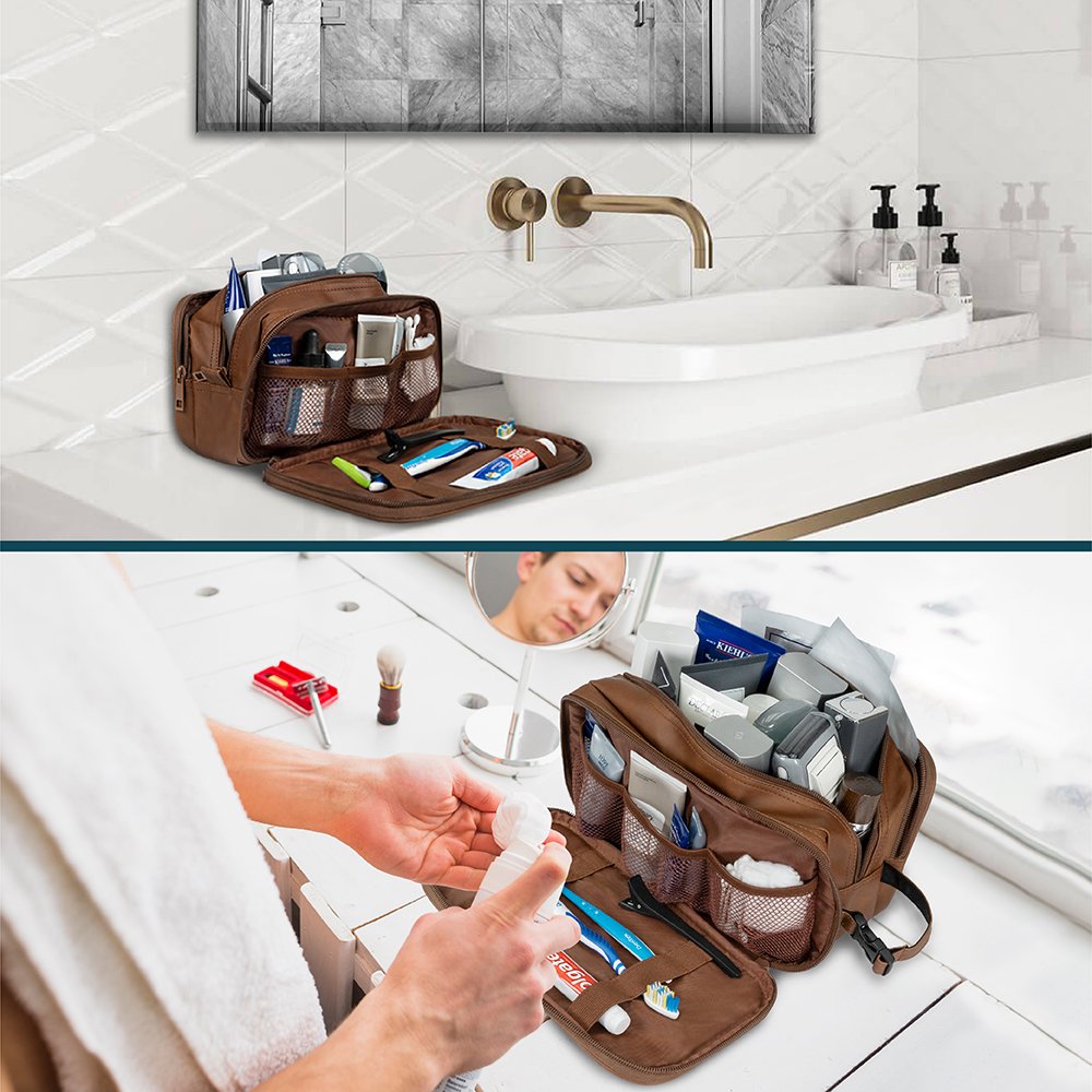 Leather Travel Bag Water-Resistant Clip-on Buckles Toiletry Bag