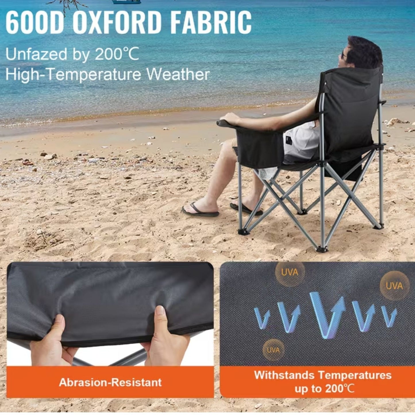 Camping Chair Padded Lumbar Support Cooler Bag Cup Holder, Black