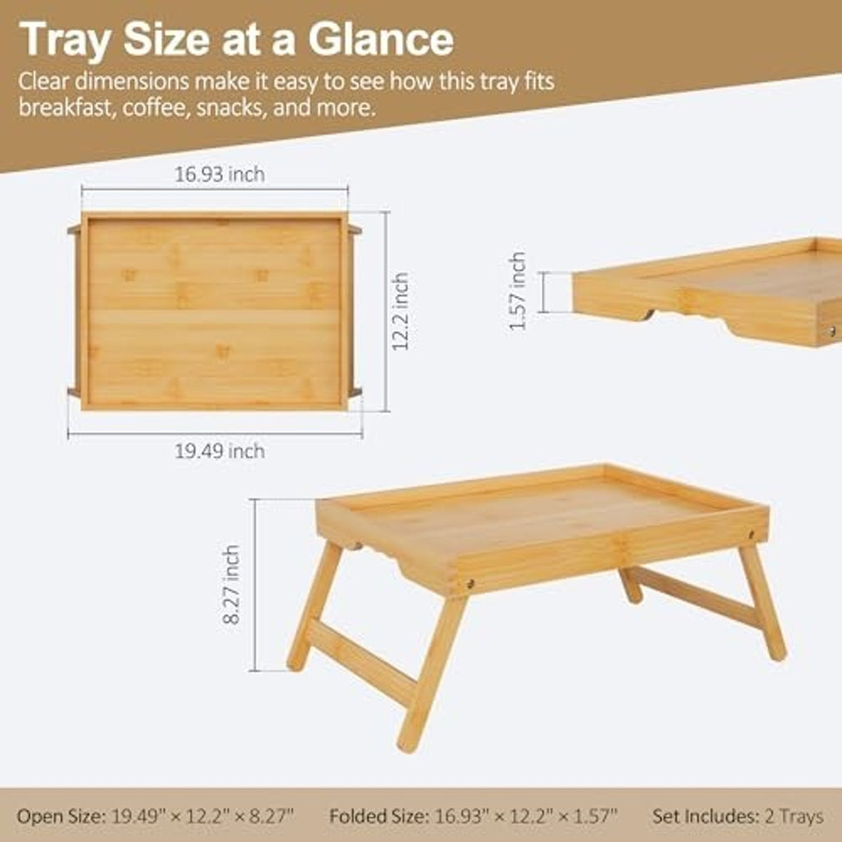 Bamboo Breakfast Tray Folding Breakfast Set of 2 Tray, Natural