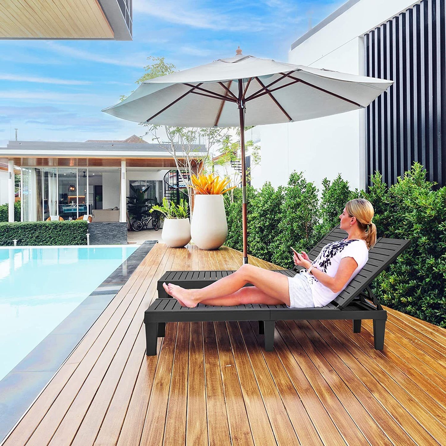 Set of 2 Lounge Chair Patio Chaise Beach Pool Sun Recliner