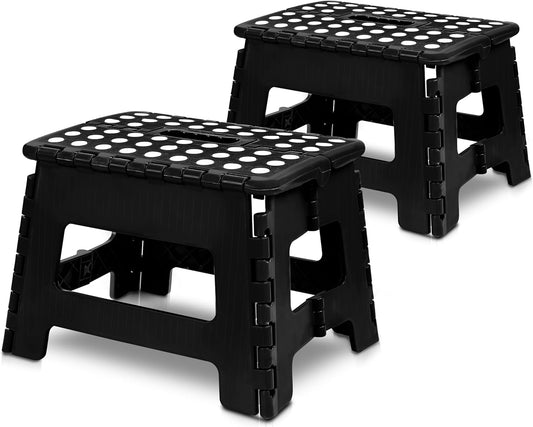 Foldable Step Stool 9" Height Plastic Design, Set of 2-Black